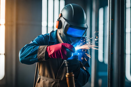 Male in face mask welds with argon arc welding. Welder mounts in the trunk pipeline electrochemical protection. illustration created by Generative AI. High quality photoの素材
