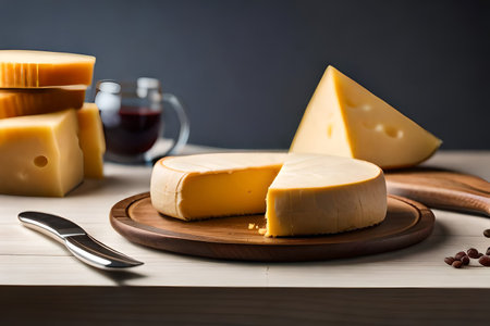 Pieces of delicious cheese and knife on wooden table. Space for text. High quality photoの素材