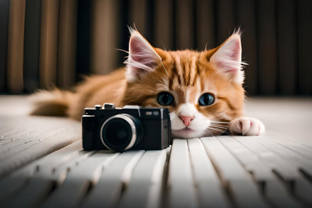 Cute little red kitten sleeps on fur white blanket. kitten sleeping on gray plaid wool blanket with tassels, embracing soft beige knitted toy Generative AIの素材
