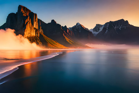 Fantastic sunset on the Sea coast with beautiful colors and great light. Sunset over a mountain range with foggy skies and a rainbow in the background. Digitally generated imageの素材