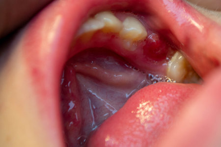 Close up of a woman's mouth with toothache and tooth decay