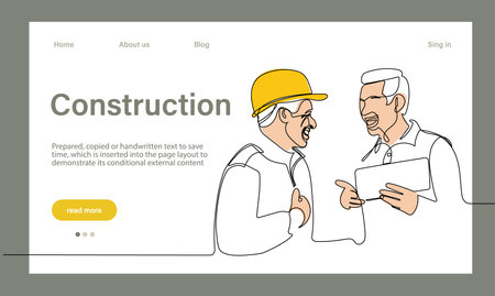 Vector landing page of architecture works with protective face masks for safety in machine industrial factory. Continuous one line drawing for your minimal designのイラスト素材