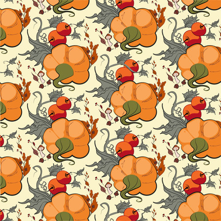 Autumn pumpkins with teal background pattern. Maple leaves, sunflowers, flowers ditsy. Perfect for fall, Thanksgiving, holidays, fabric, textile. Seamless repeat swatch. Vector illustrationのイラスト素材