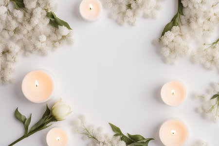Bouquet of white flowers in a vase, candles on vintage copper tray, wedding home decor on a table . High quality photo Generative AIの素材