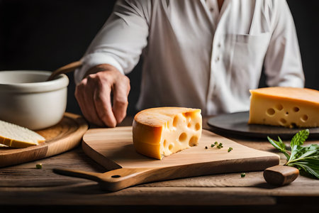 Pieces of delicious cheese and knife on wooden table. Space for text. High quality photoの素材