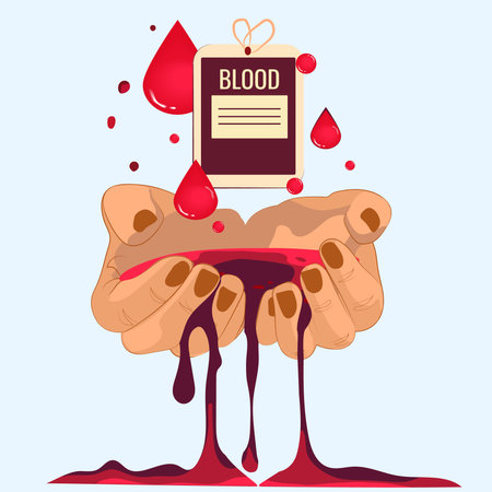 Day donation concept with bag of blood, hand and heart medical sign. Give blood save life. World blood donor day. Vector illustrationのイラスト素材