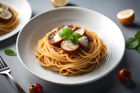 pasta meatball spaghetti tomato sauce grated parmesan cheese dish meal food snack on the table copy space food background rustic top view. High quality photoの素材