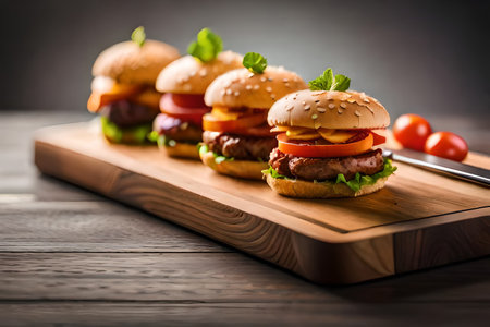 Close-up of tasty double hamburger with cheese and deep fried ground meat on a wooden table against black background with copy space. double burger on an old wooden background. High quality photoの素材