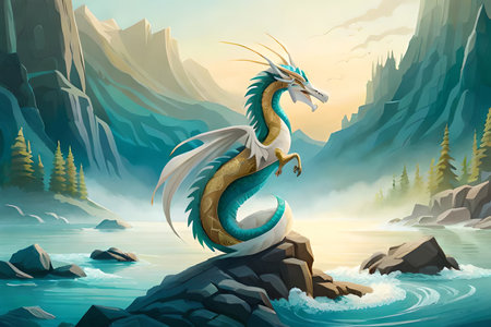 A painting of a friendly dinosaur with a mountain in the background. Fantasy friendly dragon portrait. Surreal artwork of dragon from medieval mythology.の素材