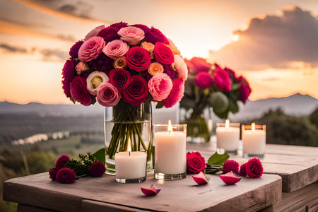 Bouquet of white flowers in a vase, candles on vintage copper tray, wedding home decor on a table . High quality photo Generative AIの素材
