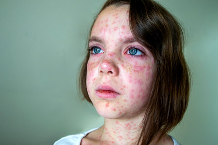 Natural vaccination. Contagious disease. Sick child with chickenpox. Varicella virus or Chickenpox bubble rash on child body and face. High quality photo.の写真素材