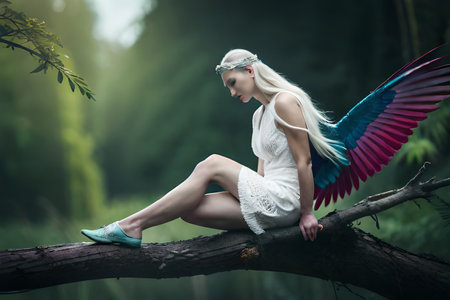 A woman with red hair stands in a forest with wings on her head. AI-generated Digital Art. High quality photoの素材
