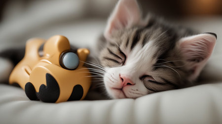 Bengal cat lying on sofa and smiling. Cute little red kitten sleeps on fur white blanket. A kitten sleeping with a teddy bear. High quality photoの素材