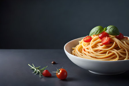 Tasty appetizing classic italian spaghetti pasta with tomato sauce, cheese parmesan and basil on plate on dark table. View from above, horizontal. High quality photoの素材