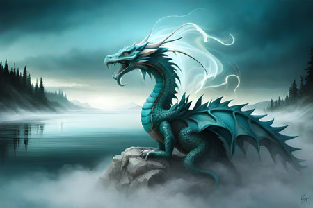 A painting of a friendly dinosaur with a mountain in the background. Fantasy friendly dragon portrait. Surreal artwork of dragon from medieval mythology.の素材