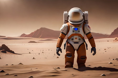 Medium shot of two astronauts examining plant incubators on a Mars base. Medium shot of two astronauts examining plant incubators on a Mars base. High quality photoの素材