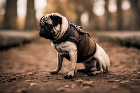 A small pug dog in a pine autumn forest on a walk. mops. Golden autumn in the coniferous forest. taiga path. View from inside the forest. Portrait of a dog. Fallen dry foliage. Colored yellow forest .の素材