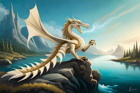 A painting of a friendly dinosaur with a mountain in the background. Fantasy friendly dragon portrait. Surreal artwork of dragon from medieval mythology.の素材