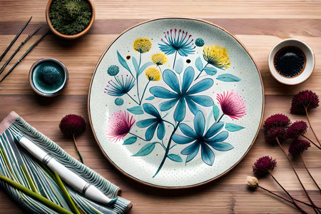 Handmade painted. Center of ceramic plate is hand painted by brown black abstract floral print. Branches stands vertically on the wooden surface on the grey color wall background. Generated AIの素材