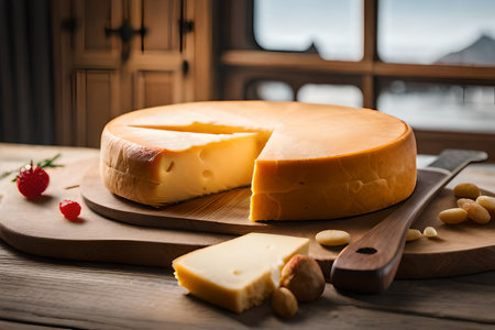 Pieces of delicious cheese and knife on wooden table. Space for text. High quality photoの素材