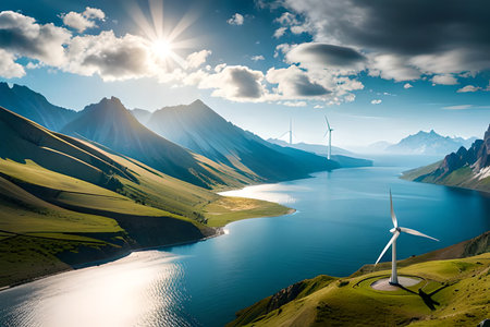 PanoramiPanoramic view of wind farm or wind park, with high wind turbines for generation electricity with copy space. Green energy concept. Generative AIの素材