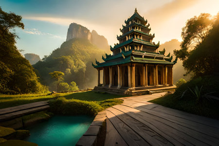 Patan .Ancient city in Kathmandu Valley. Nepal. Ancient Ta Promh temple in the jungle, Cambodia. Digital painting.の素材