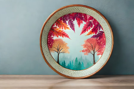 Top view of round ceramic plate or porcelain tile dish isolated on white background. Sushi, Japanese cuisine, soy sauce plate chopstiks and chopsticks holder. High quality photoの素材