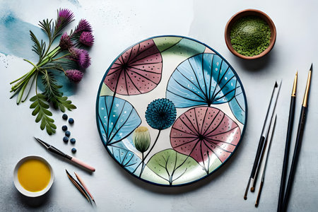 Top view of round ceramic plate or porcelain tile dish isolated on white background. Sushi, Japanese cuisine, soy sauce plate chopstiks and chopsticks holder. High quality photoの素材