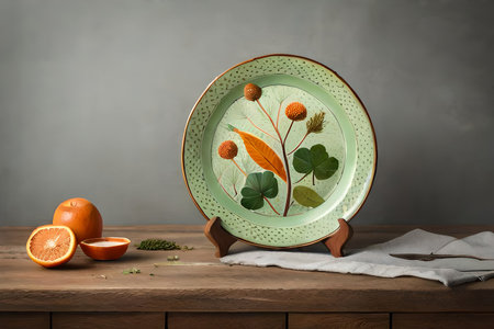 Top view of round ceramic plate or porcelain tile dish isolated on white background. Sushi, Japanese cuisine, soy sauce plate chopstiks and chopsticks holder. High quality photoの素材