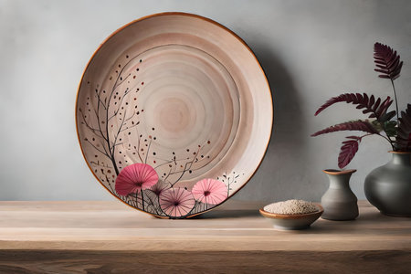 Top view of round ceramic plate or porcelain tile dish isolated on white background. Sushi, Japanese cuisine, soy sauce plate chopstiks and chopsticks holder. High quality photoの素材