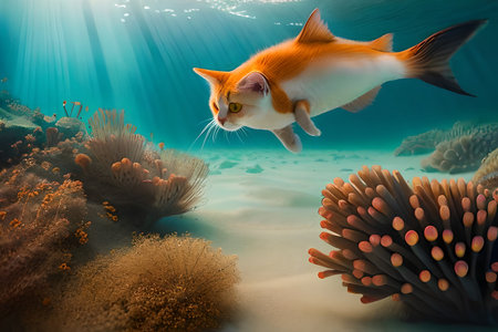 A cat swimming under a fish AI-generated Digital Art.