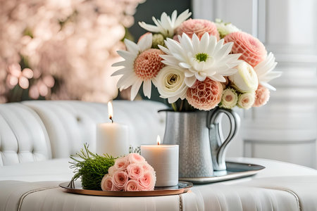 Bouquet of white flowers in a vase, candles on vintage copper tray, wedding home decor on a table . High quality photo Generative AIの素材