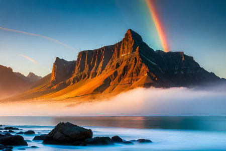 Fantastic sunset on the Sea coast with beautiful colors and great light. Sunset over a mountain range with foggy skies and a rainbow in the background. Digitally generated imageの素材