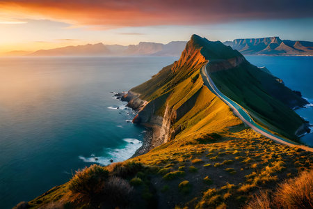 Fantastic sunset coast with beautiful colors and great light.. Digital art generated AIの素材