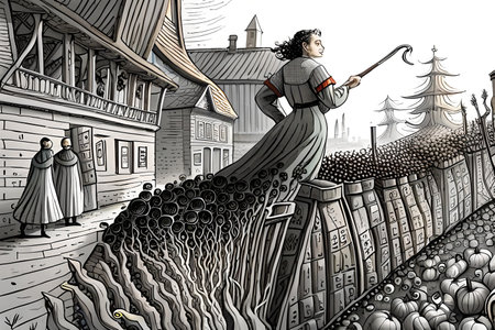 Illustration of a gothic horror castle that looks like something out of a picture book. Seamless pattern with tree branches and houses, monochrome. Digital art illustration generated AIの素材