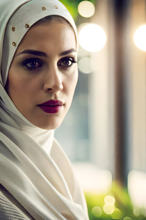 a beautiful asian muslim woman wearing hijab. beautiful young woman in color veil. beauty girl in colorful hijab. fashion oriental woman. ethnic people. Digital Illustration Generated AIの素材