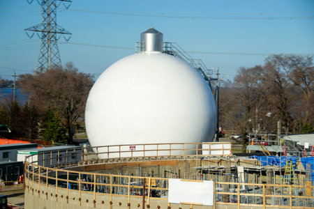 Big gas container against the blue sky. Double membrane gasholder in the area of WWTP. High quality...