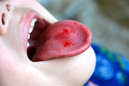 Close-up of lips, tongue, protrusion of blood. Child's bitten tongue. High quality photo