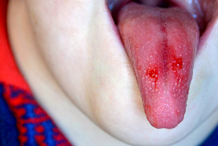 Close-up of lips, tongue, protrusion of blood. Child's bitten tongue. High quality photoの写真素材