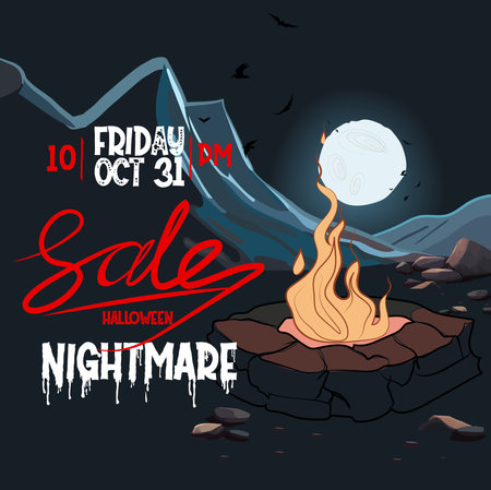 Halloween background with pumpkin, haunted house and full moon. Flyer or invitation template for Halloween party. Vector illustration.のイラスト素材