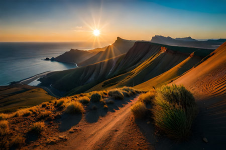 Fantastic closeup view of calm sea water waves with orange sunrise sunset sunlight. Tropical island beach landscape, exotic shore coast. Summer vacation, holiday amazing nature scenic.の素材