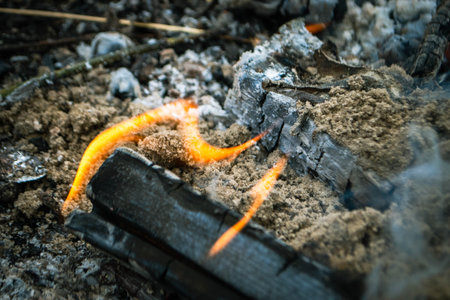 A fire burns in a campfire with a red fire in the background. High quality photo
