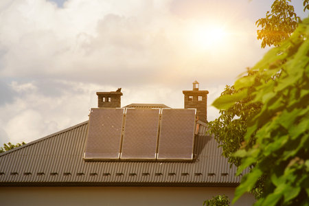 Solar power energy on the roof to a standard house. Solar power panels ,Photovoltaic modules for...