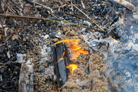 A fire burns in a campfire with a red fire in the background. High quality photo