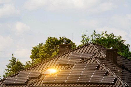 Solar power energy on the roof to a standard house. Solar power panels ,Photovoltaic modules for...