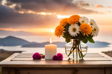 Bouquet of white flowers in a vase, candles on vintage copper tray, wedding home decor on a table . High quality photo Generative AIの素材