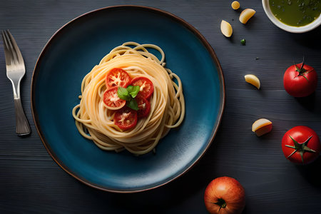 pasta meatball spaghetti tomato sauce grated parmesan cheese dish meal food snack on the table copy space food background rustic top view. High quality photoの素材