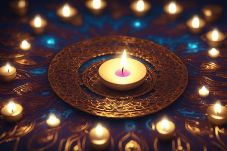 Happy Diwali.Diwali holiday abstract, shiny background with diya lamps and rangoli. 3D illustation. Diwali Holiday greeting card with two burning di ya.の素材