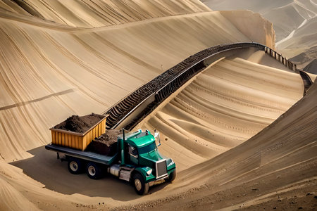 Top view of on the truck and bulldozer working in the stone mine. Excavator loader machine during earthmoving works outdoors. High quality photoの素材