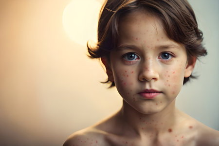 Natural vaccination. Contagious disease. Sick child with chickenpox. Varicella virus or Chickenpox bubble rash on child body and face. Generative AIの素材